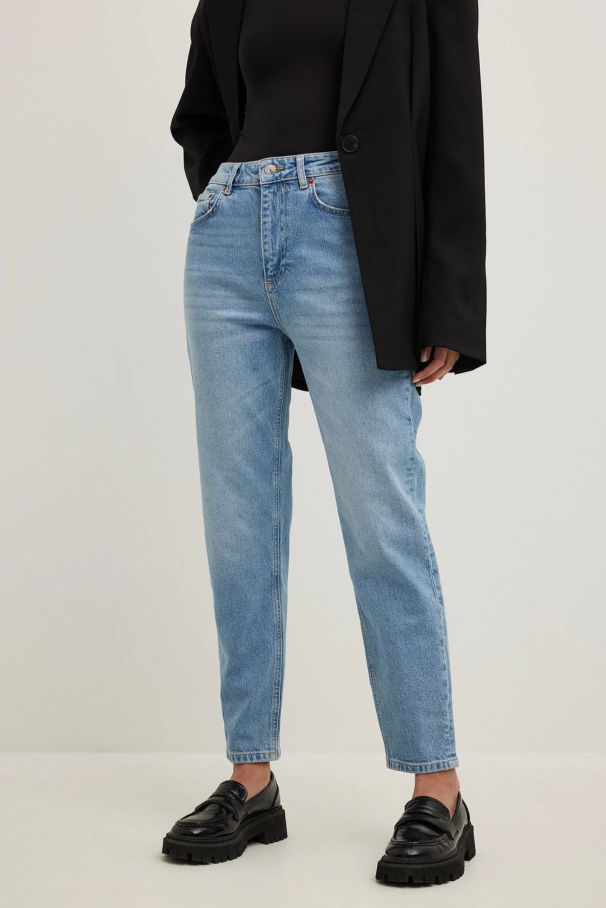 Side View of Light Blue Mom High Waist Jeans