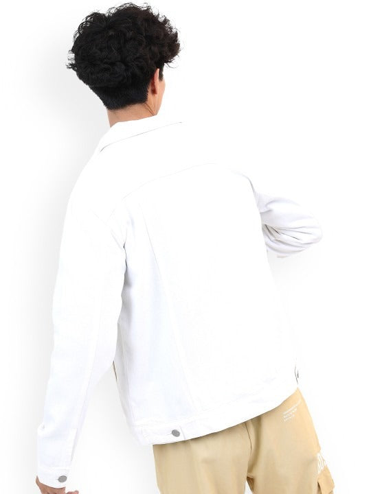 Men White Solid Denim Jacket