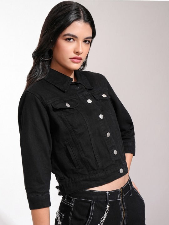 Women Black Solid Denim Jacket for Pakistani Winters & Everyday Style | DOCACCA