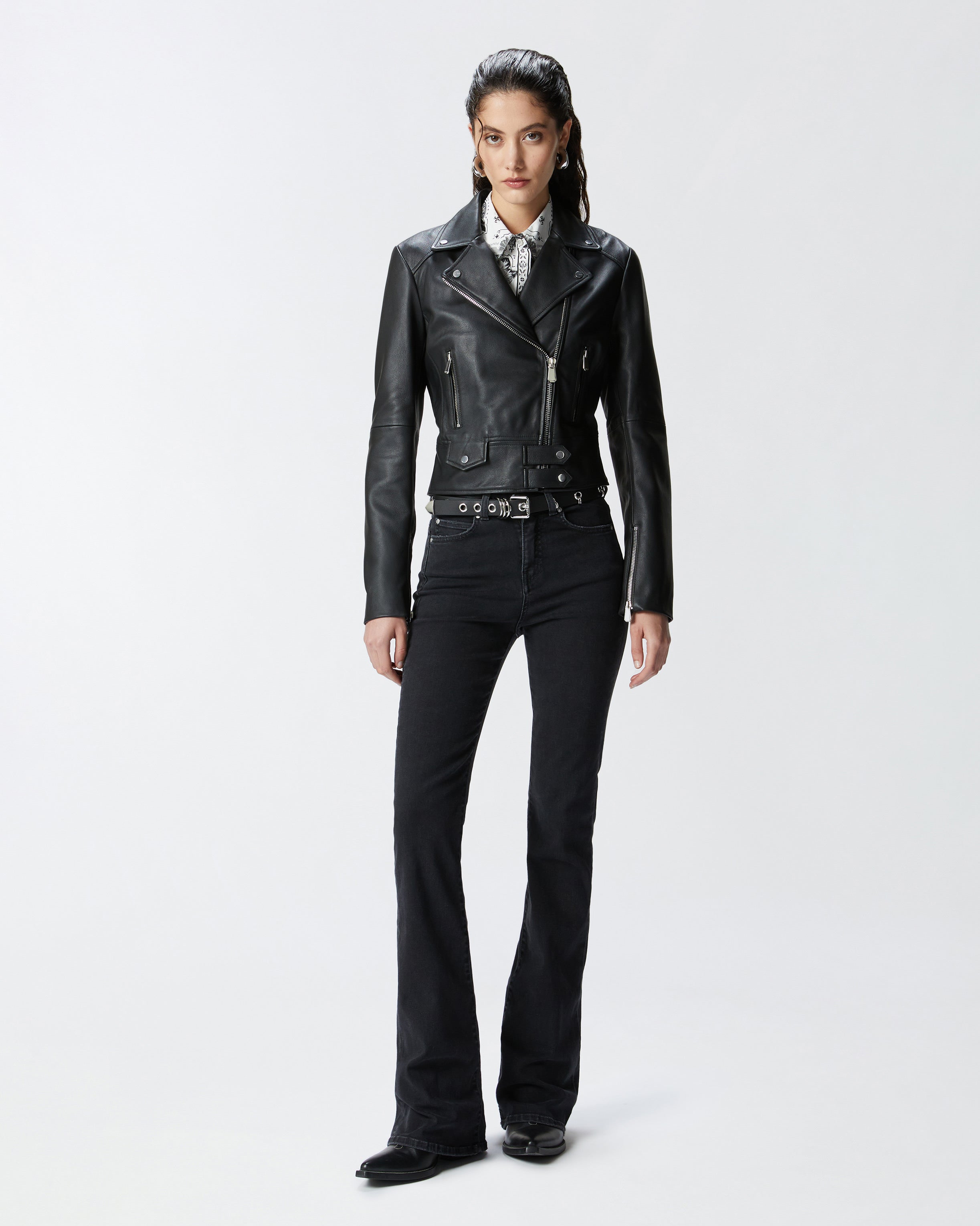 Cropped Leather Biker Jacket in Nappa