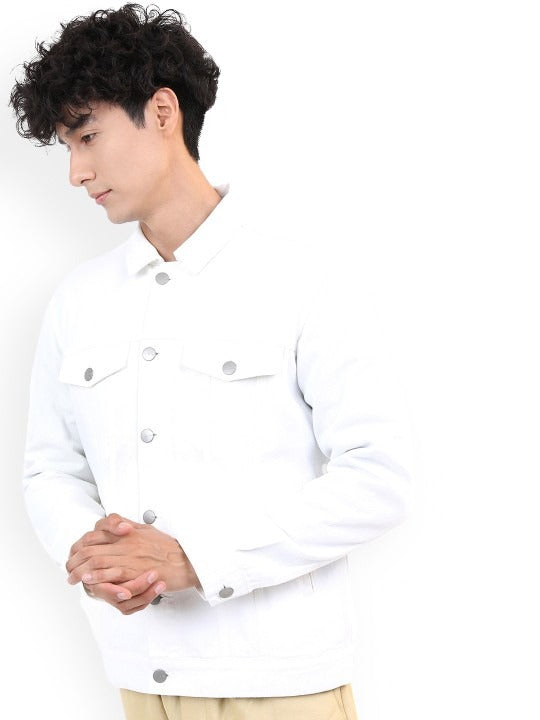 Men White Solid Denim Jacket