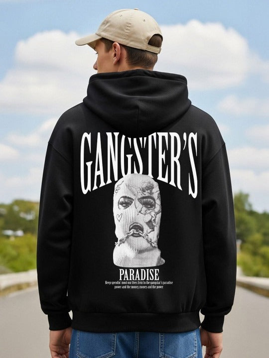 Men Black Cotton Fleece Hooded Pullover Sweatshirt