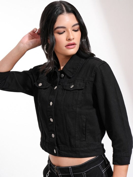 Women Black Solid Denim Jacket for Pakistani Winters & Everyday Style | DOCACCA