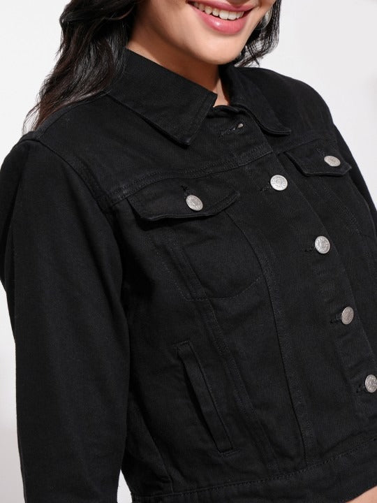 Women Black Solid Denim Jacket for Pakistani Winters & Everyday Style | DOCACCA