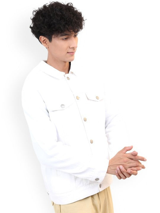 Men White Solid Denim Jacket