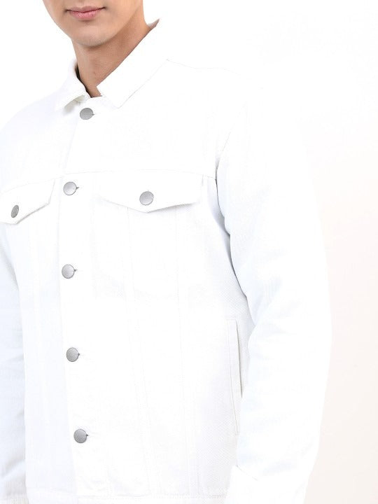 Men White Solid Denim Jacket
