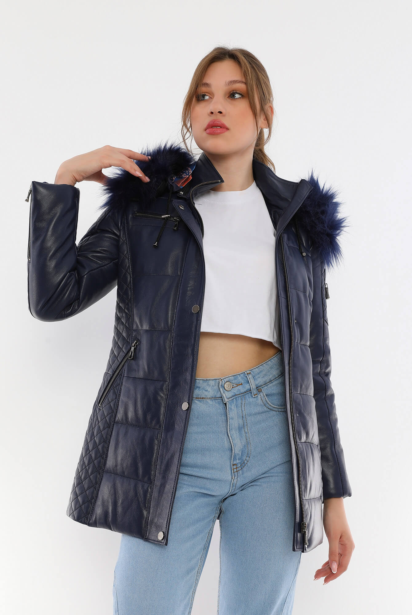 Chloe Blue Fur Hood Leather Jacket For Women