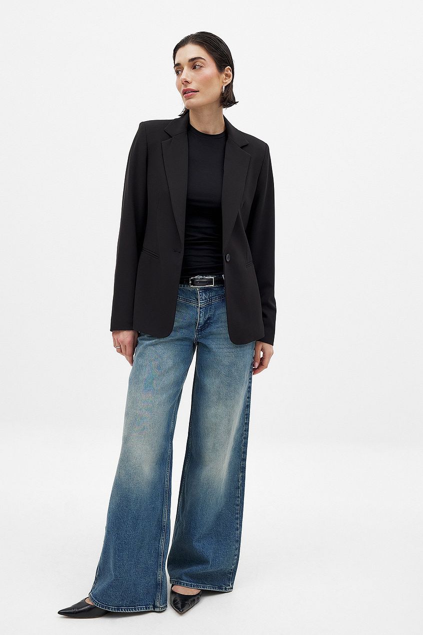 Women Low Waist Wide Leg Jeans with Seam Details – Trendy Low-Rise Baggy Denim, Structured Seams for Shape | DOCACCA