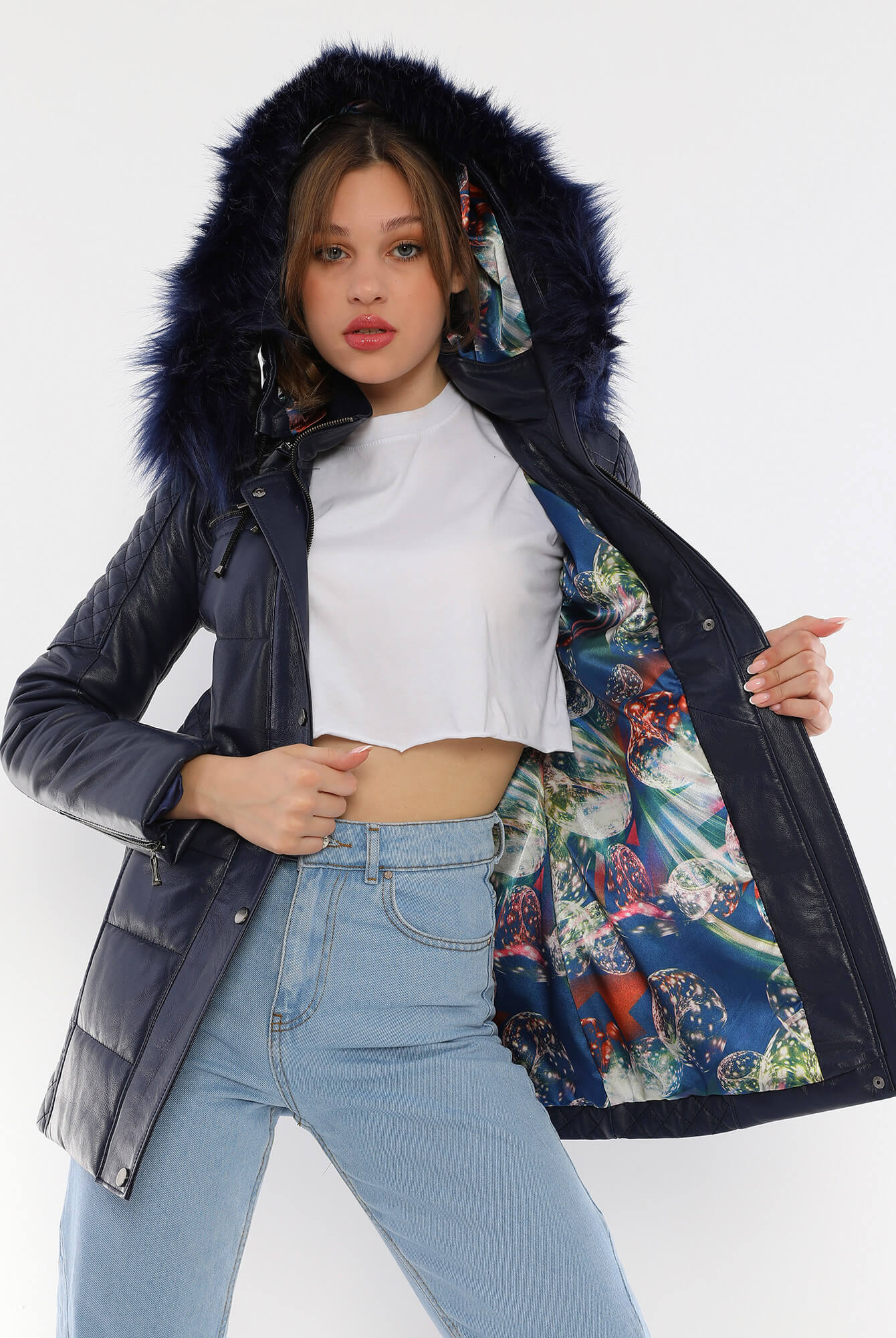 Chloe Blue Fur Hood Leather Jacket For Women