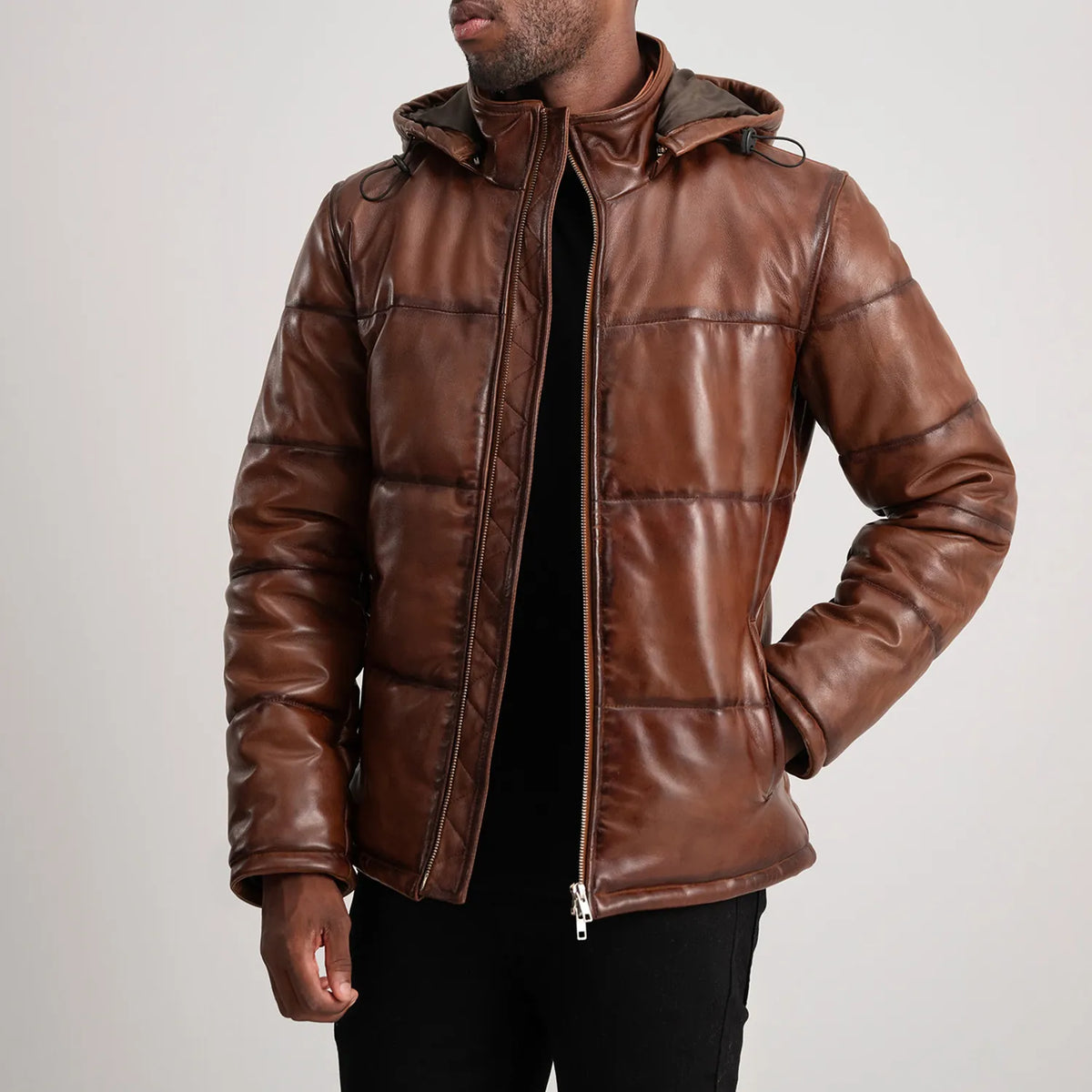 HB INDUSTRIES Waxed Brown Hooded Leather Puffer Jacket
