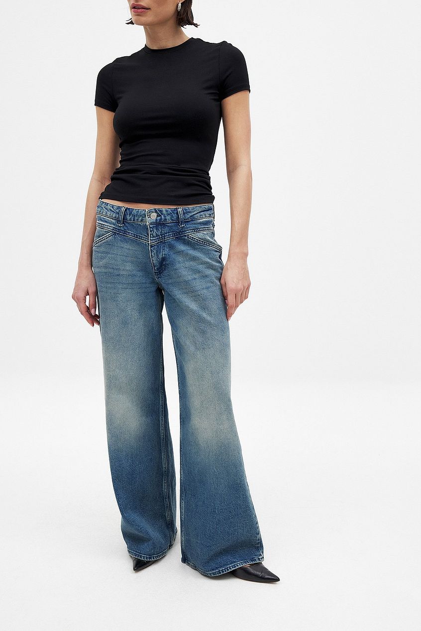Women Low Waist Wide Leg Jeans with Seam Details – Trendy Low-Rise Baggy Denim, Structured Seams for Shape | DOCACCA