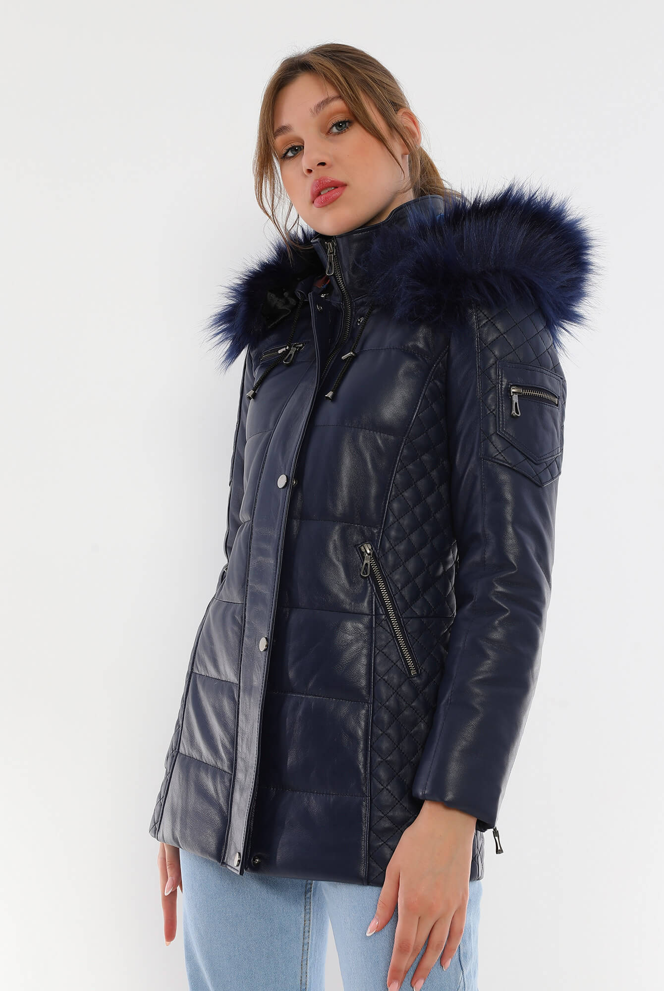 Chloe Blue Fur Hood Leather Jacket For Women
