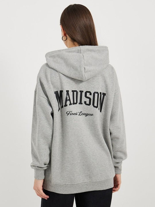 Women’s Longline Slogan Print Pullover Hoodie — Regular Fit with Kangaroo Pocket | HB INDUSTRIES Pakistan