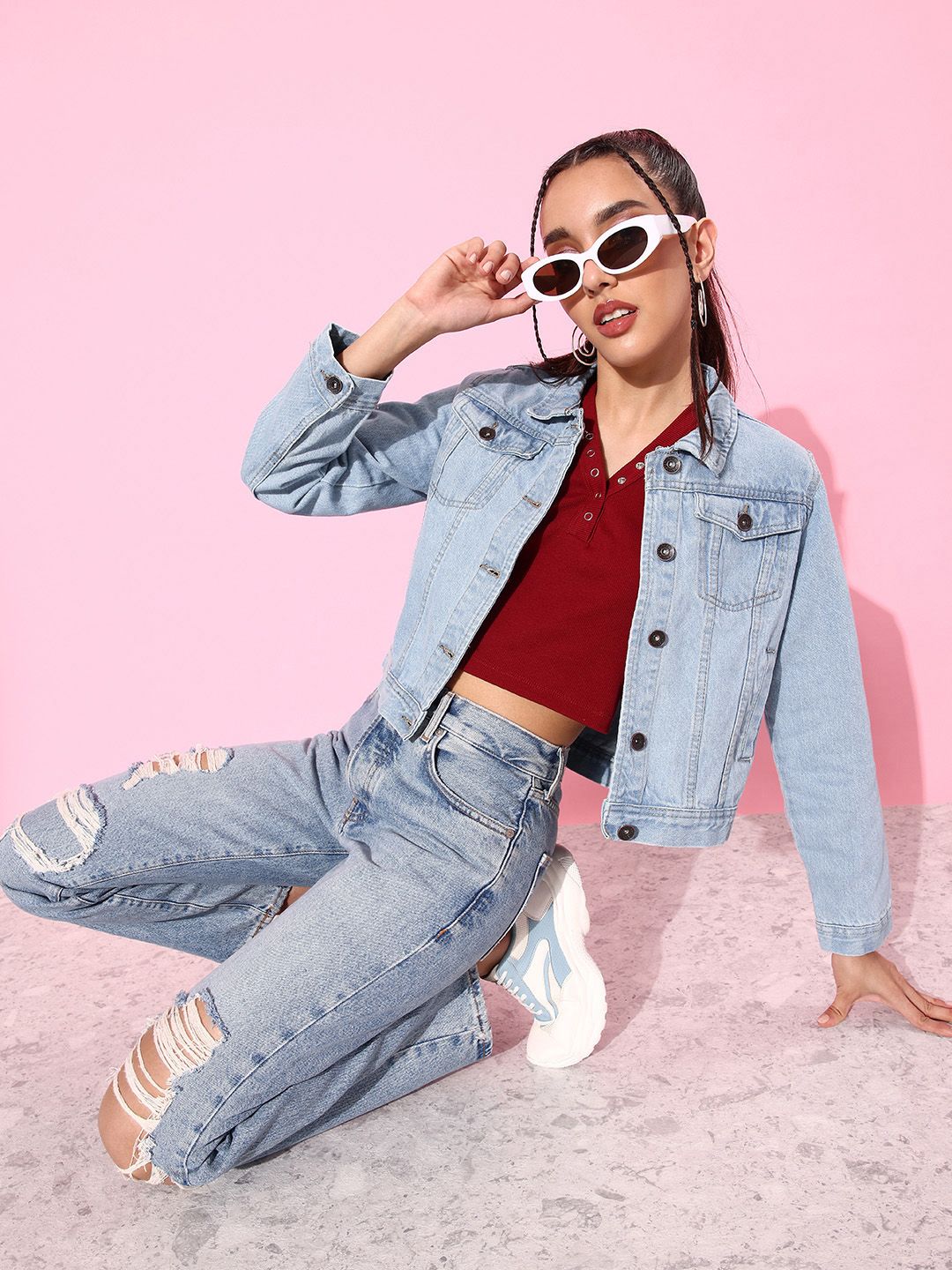 Women Light Blue Solid Denim Jacket
