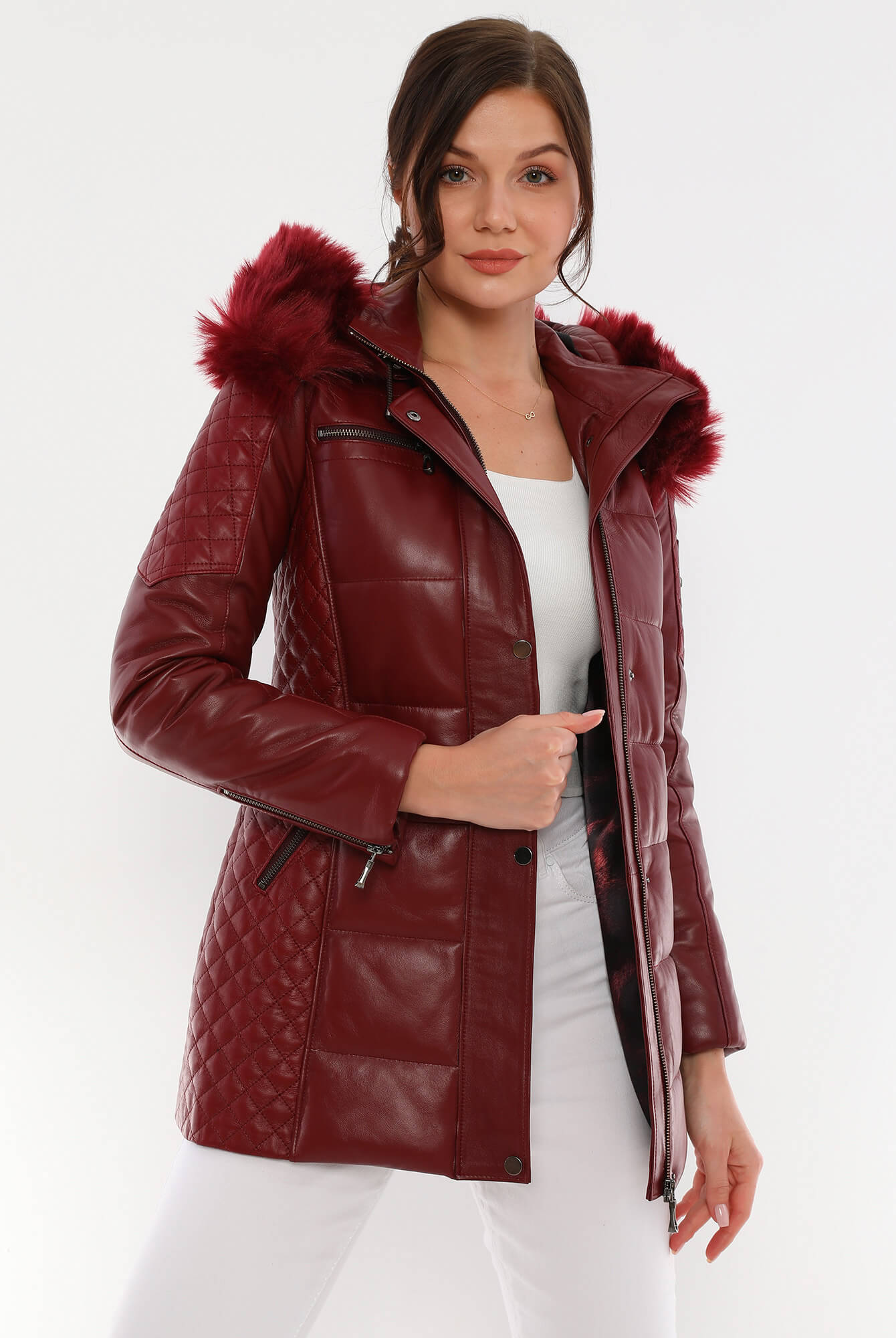 Chloe Maroon Fur Hood Leather Jacket For Women