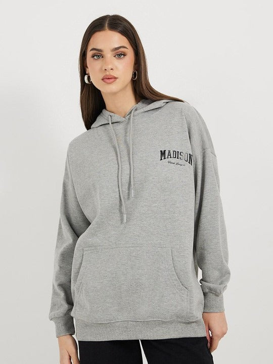 Women’s Longline Slogan Print Pullover Hoodie — Regular Fit with Kangaroo Pocket | HB INDUSTRIES Pakistan