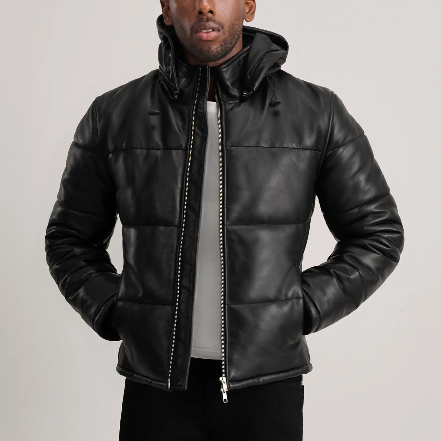 HB INDUSTRIES Black Hooded Sheep Leather Puffer Jacket