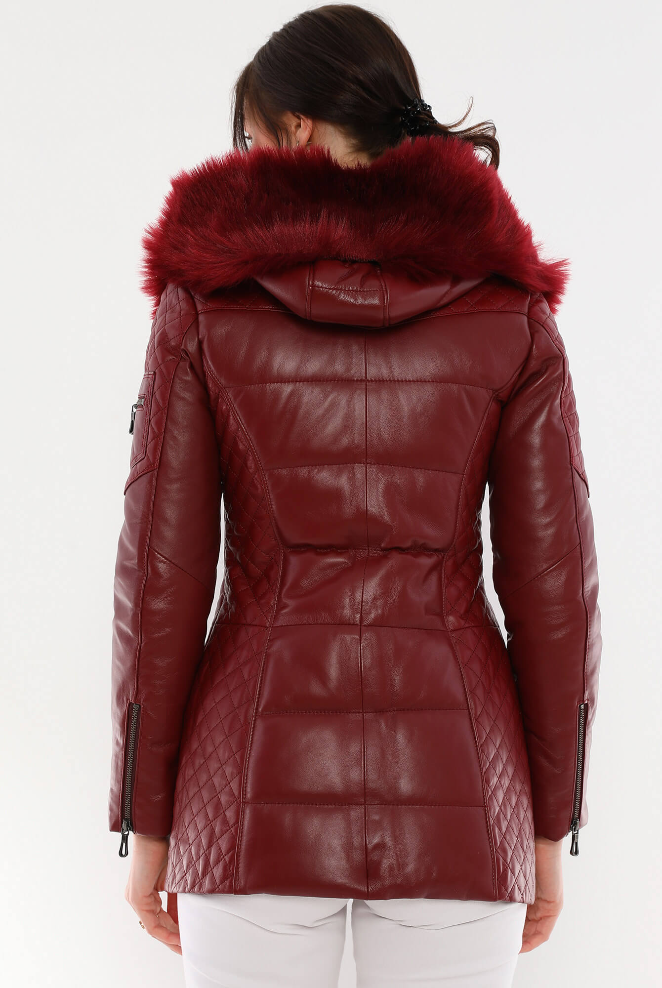 Chloe Maroon Fur Hood Leather Jacket For Women