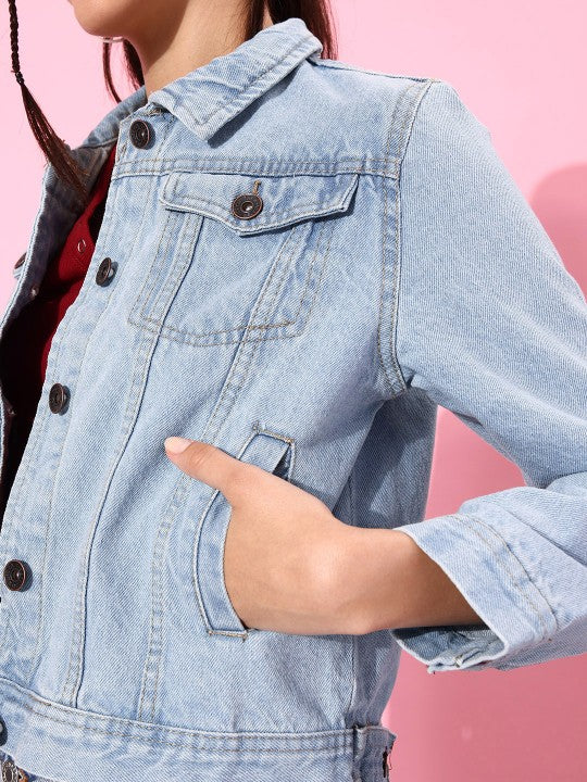 Women Light Blue Solid Denim Jacket