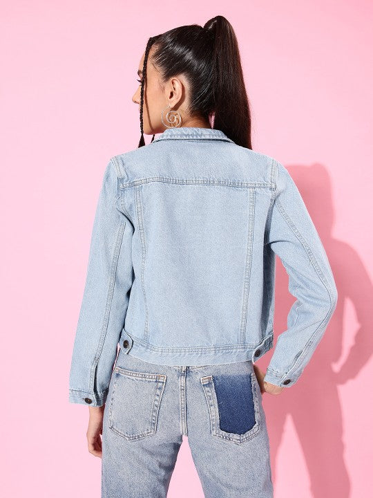 Women Light Blue Solid Denim Jacket