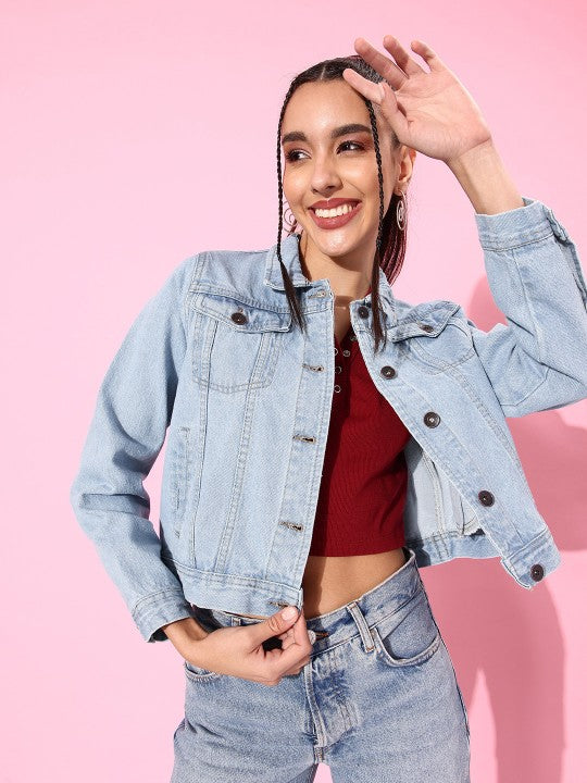 Women Light Blue Solid Denim Jacket