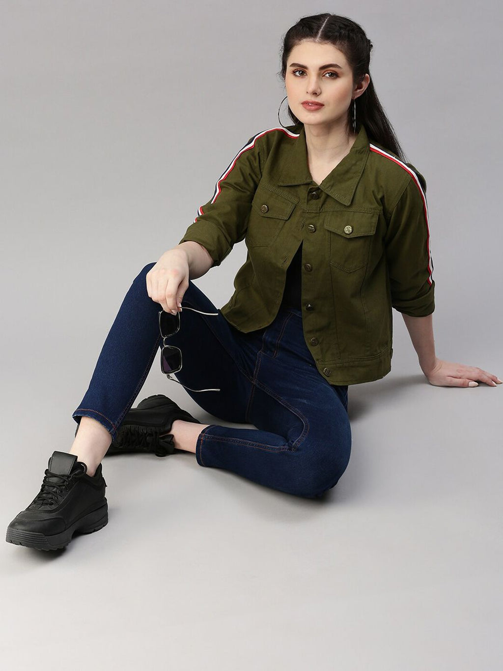 Stylish Women's Olive Green Crop Denim Jacket Trendy Chic