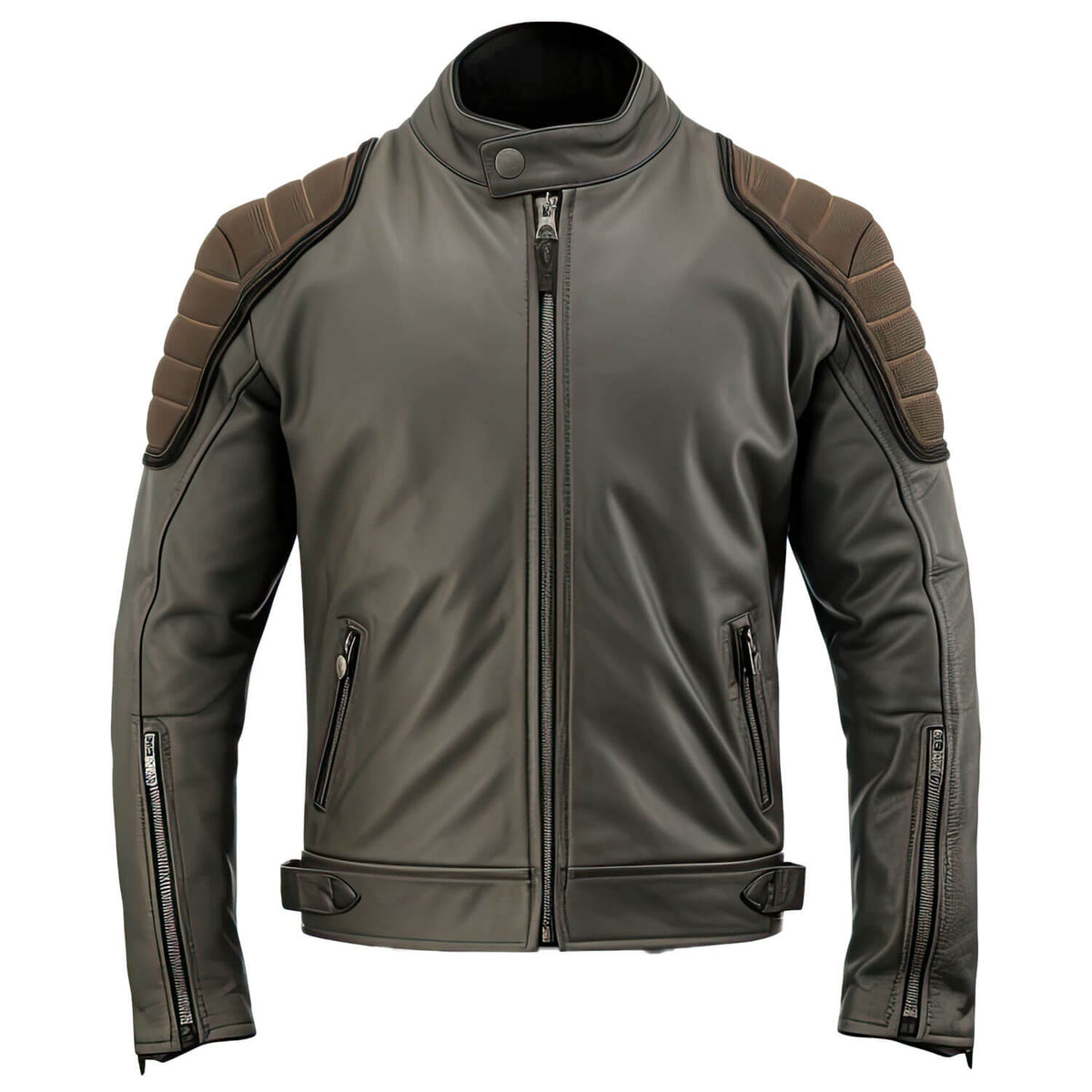 Men's Charcoal Grey Brown Genuine Sheepskin Classy Stand Collar Moto Multiple Zipper Soft Casual Café RHB INDUSTRIESr Leather Jacket - Front View - Docacca