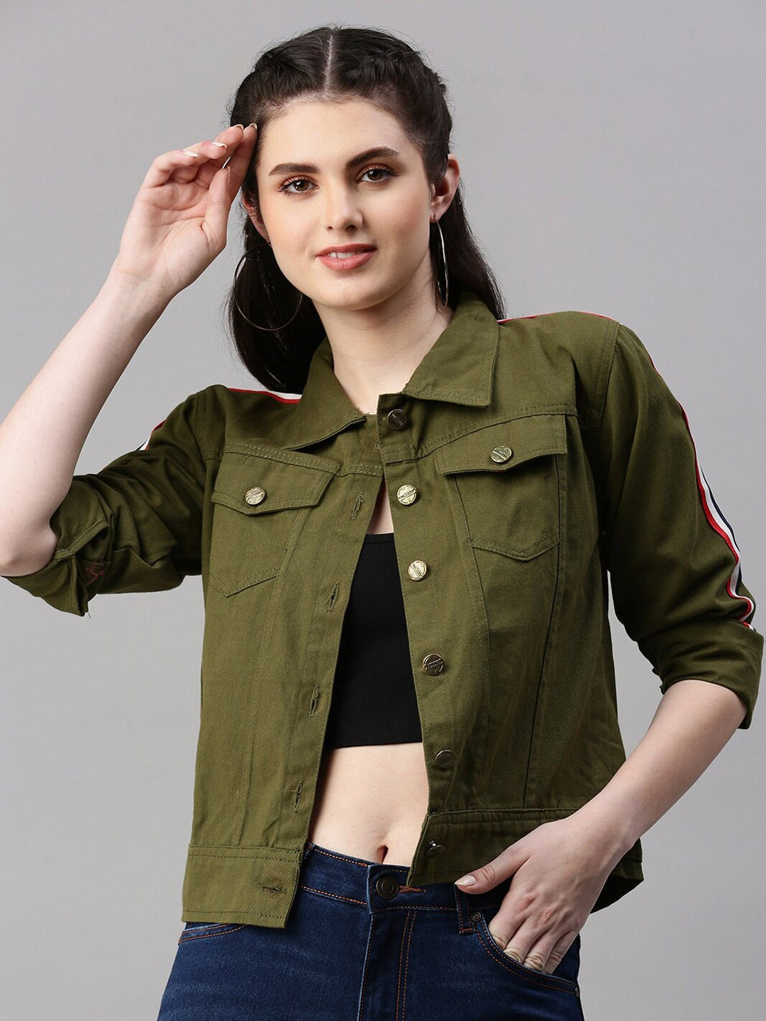 Women Olive Green Spread Collar Crop Denim Jacket