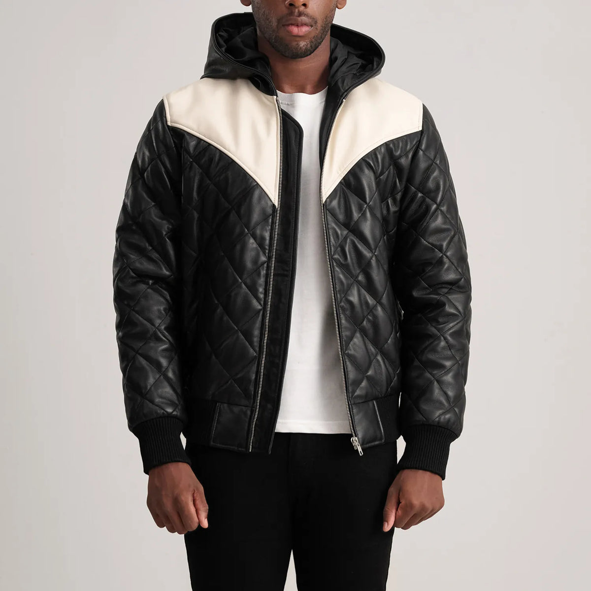 HB INDUSTRIES Black-White Hooded Bomber Leather Puffer Jacket