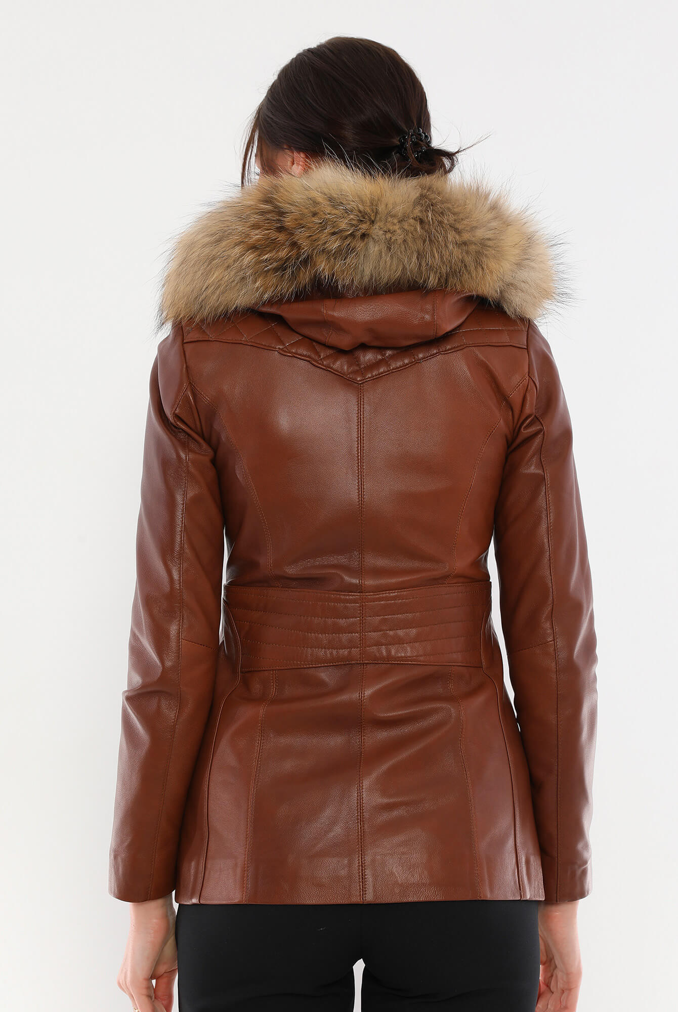 Caroline Tan Hood Long Leather Jacket Fur Collar