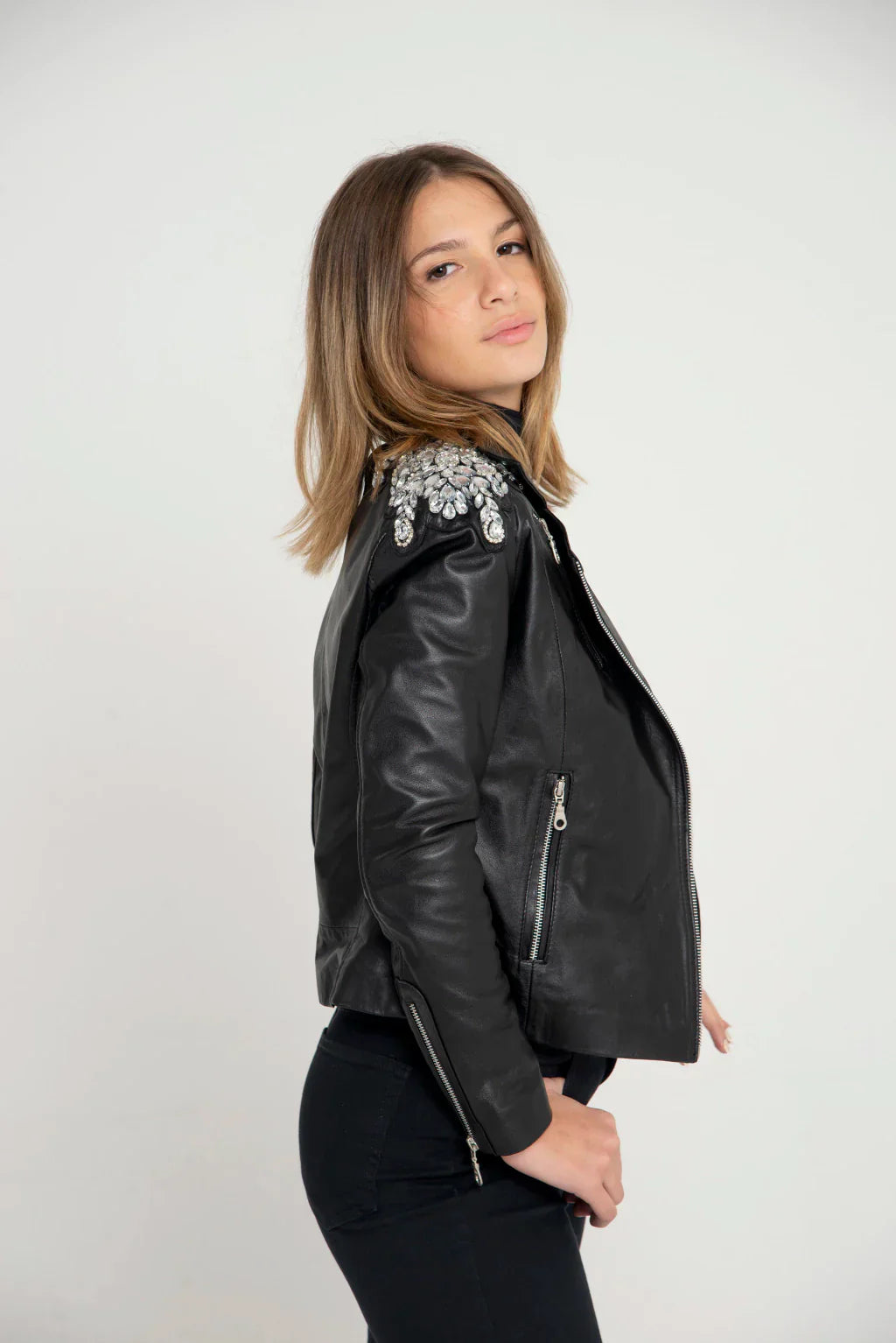 Crystals Shoulder Biker Leather Jacket