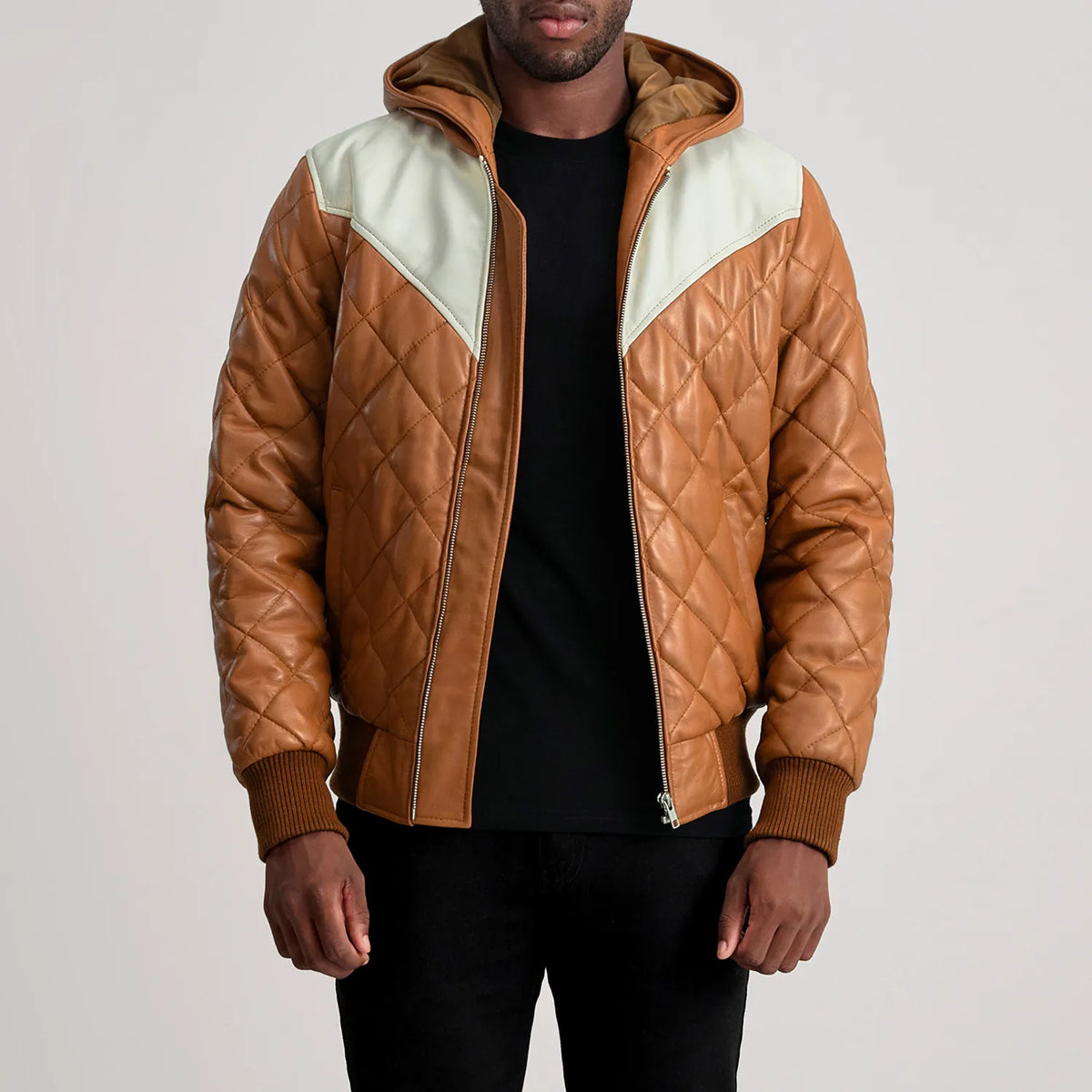 HB INDUSTRIES Tan-White Hooded Bomber Leather Puffer Jacket