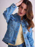 Women Light Blue Washed Spread Collar Denim Jacket