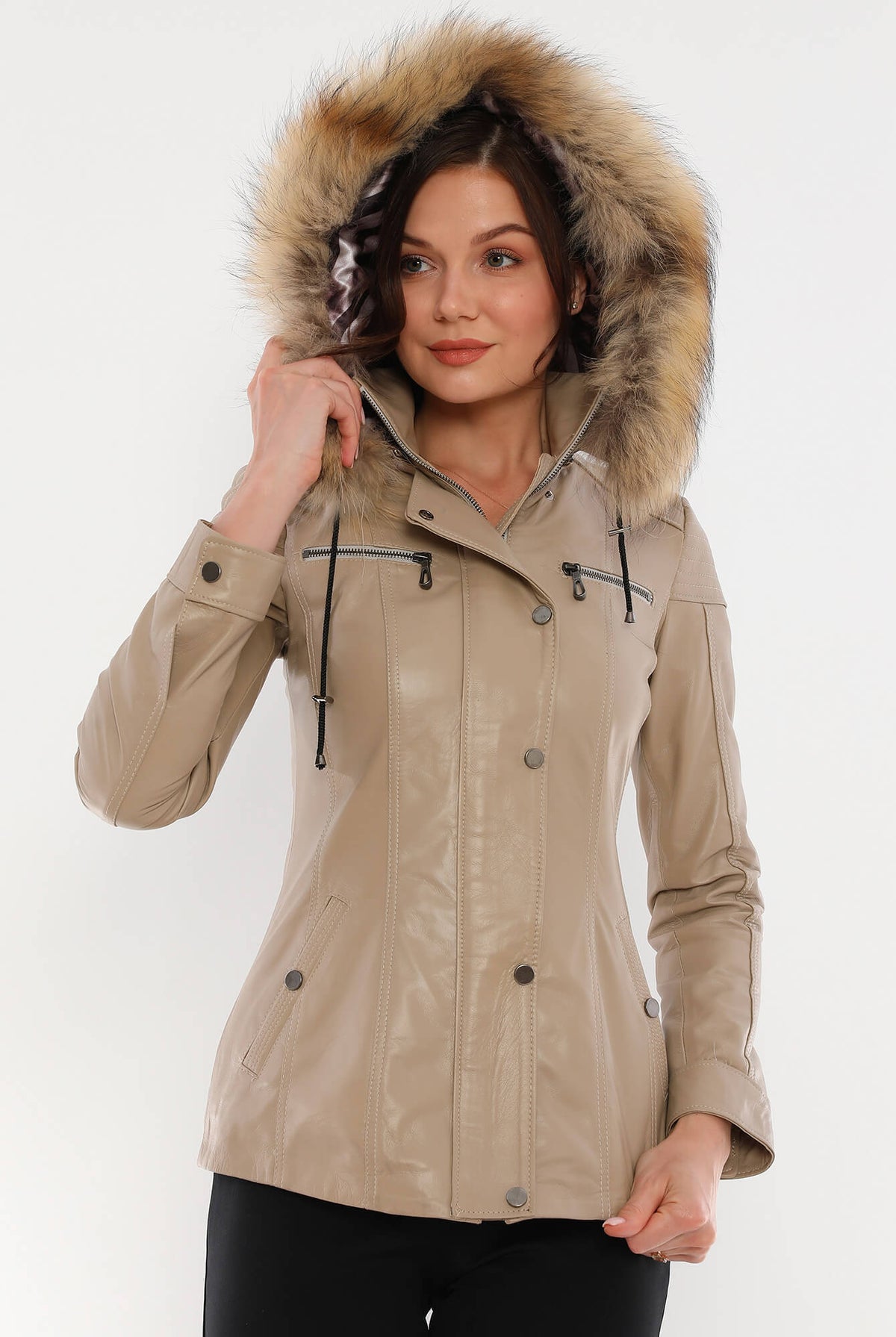 Veronica Beige Hood Leather Jacket With Fur