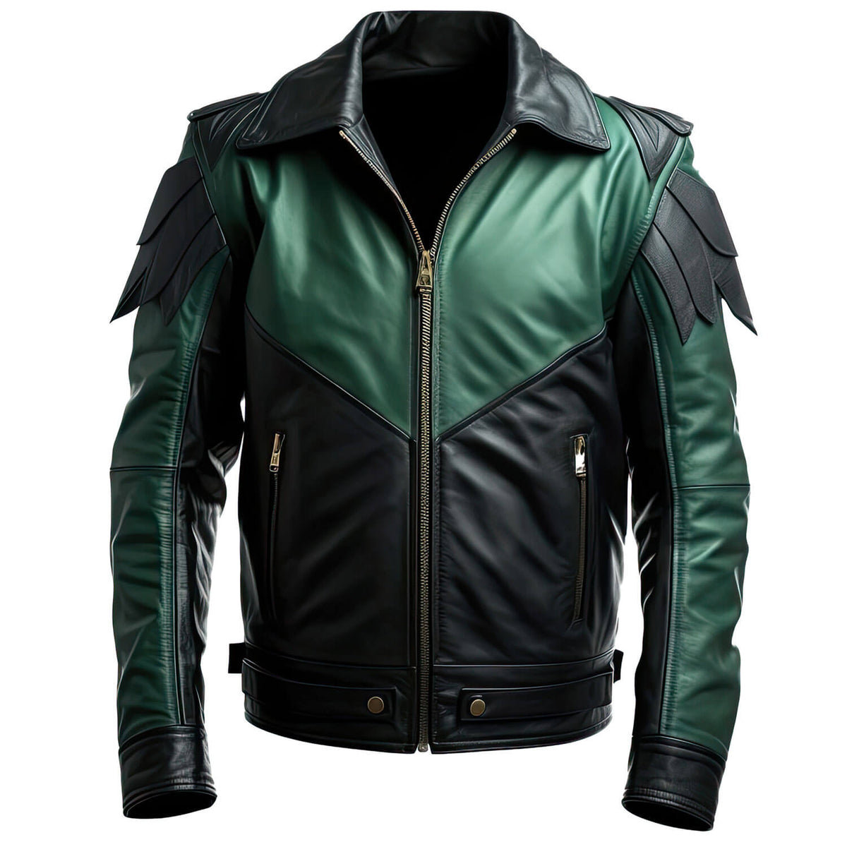 Men's Green Black Genuine Sheepskin Biker Shirt Collar Punk Zip-up Winter Lightweight Fashionable RHB INDUSTRIESr Leather Jacket - Front View - Docacca