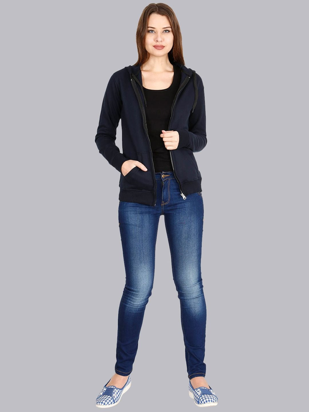 Women Navy Blue Cotton Zipper Hoodie — Full-Zip Cotton Sweatshirt with Kangaroo Pocket | HB INDUSTRIES Pakistan