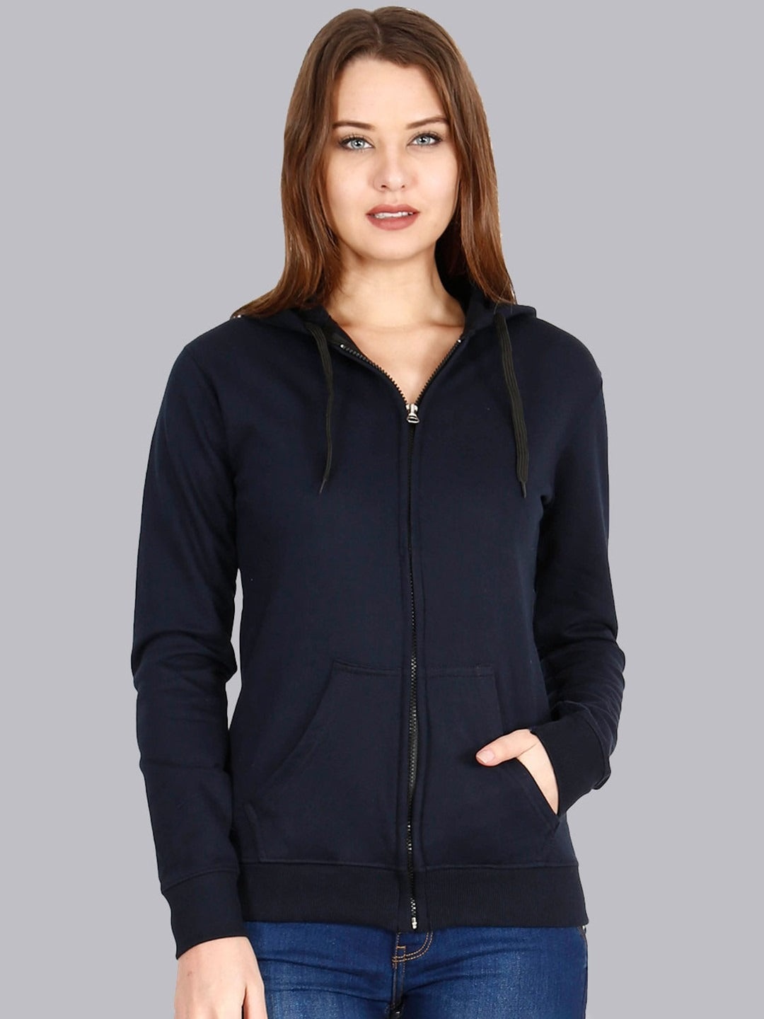 Women Navy Blue Cotton Zipper Hoodie — Full-Zip Cotton Sweatshirt with Kangaroo Pocket | HB INDUSTRIES Pakistan