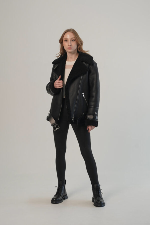 Black Biker Leather Shearling Jacket For Women