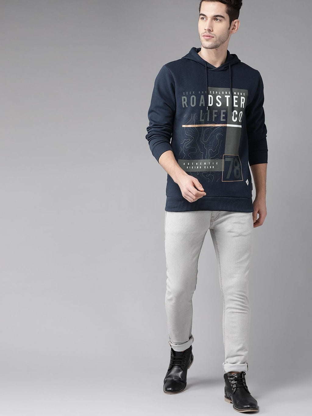Men Navy Blue & Charcoal Grey Printed Hooded Sweatshirt – Cotton Fleece Hoodie in Pakistan