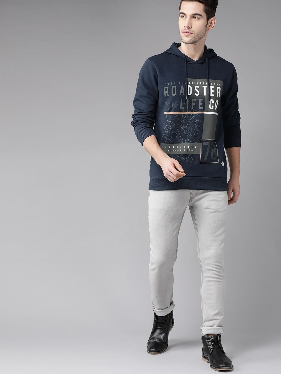 Men Navy Blue & Charcoal Grey Printed Hooded Sweatshirt – Cotton Fleece Hoodie in Pakistan