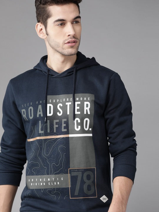 Men Navy Blue & Charcoal Grey Printed Hooded Sweatshirt – Cotton Fleece Hoodie in Pakistan