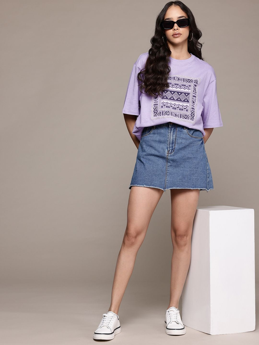 Women Lavender Tribal Print Oversized T-Shirt – Trendy Casual Wear Pakistan