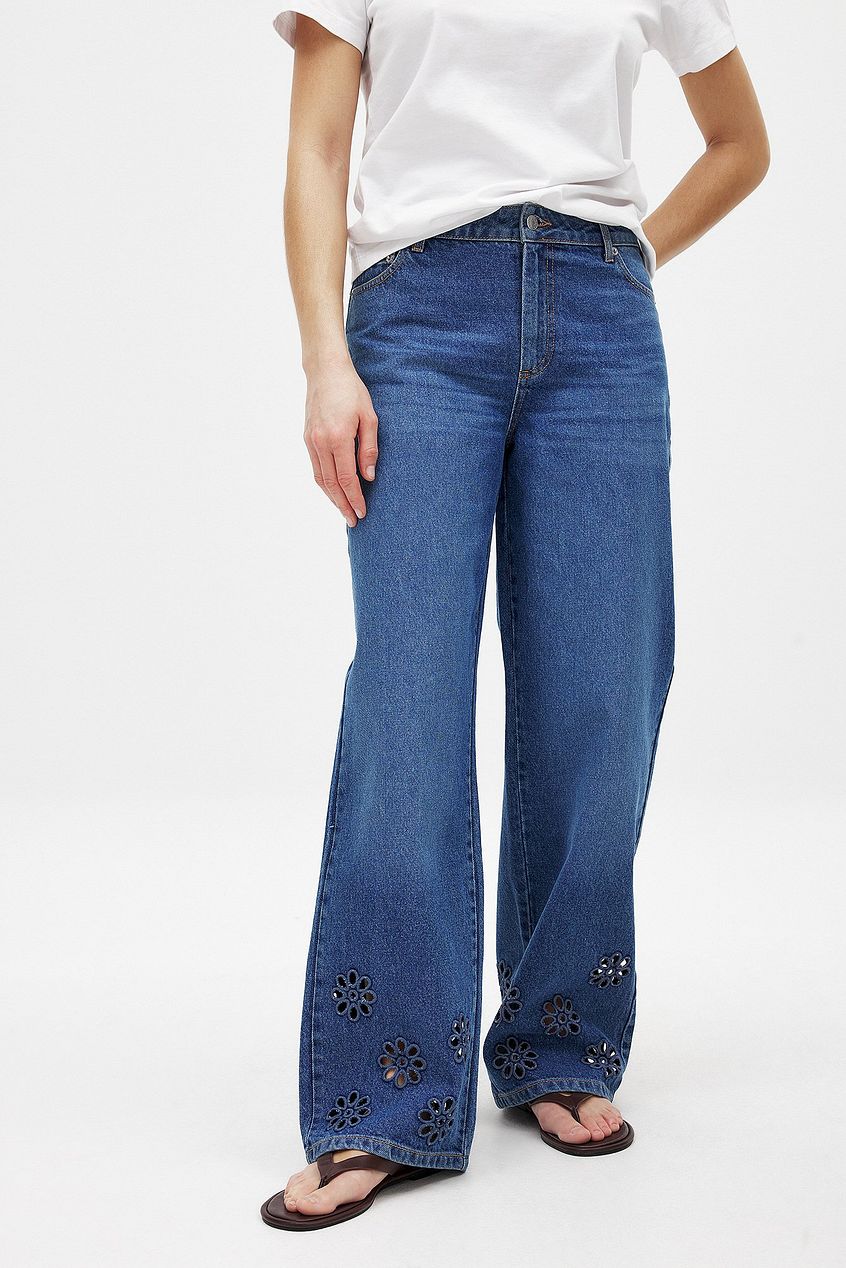 Women Flower Cut Out Mid Waist Jeans – Floral Cutout Denim, Mid-Rise Street Style | DOCACCA