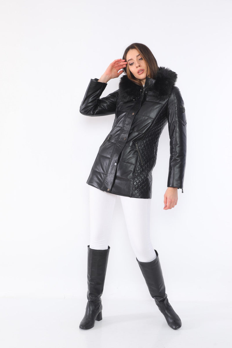 Chloe Black Fur Hood Leather Jacket For Women