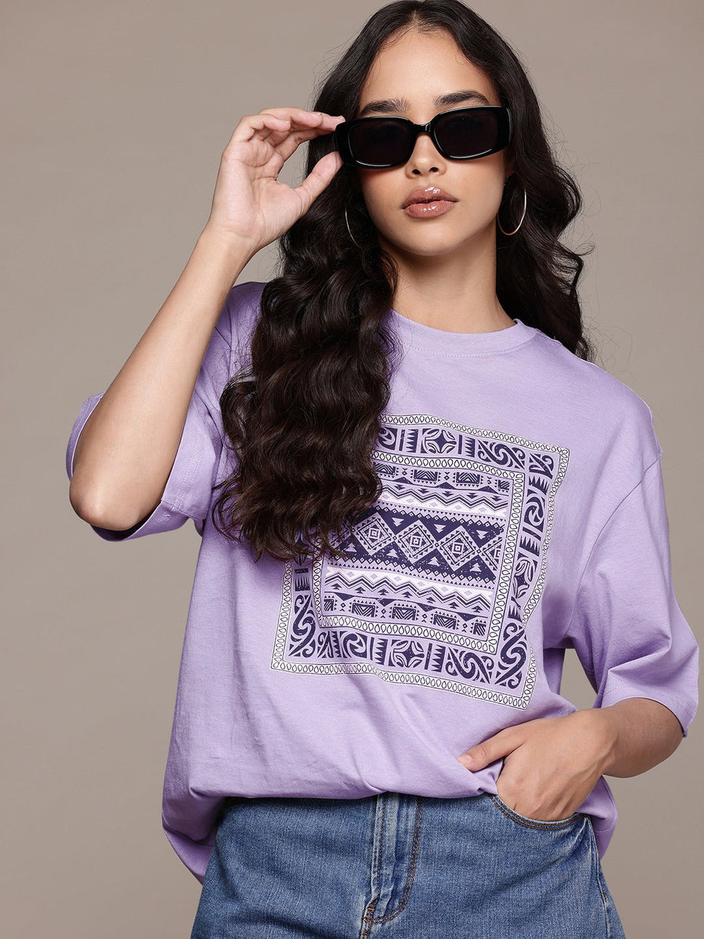 Women Lavender Tribal Print Oversized T-Shirt – Trendy Casual Wear Pakistan