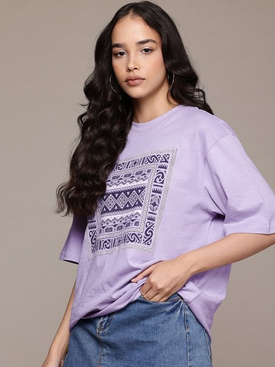Women Lavender Tribal Print Oversized T-Shirt – Trendy Casual Wear Pakistan