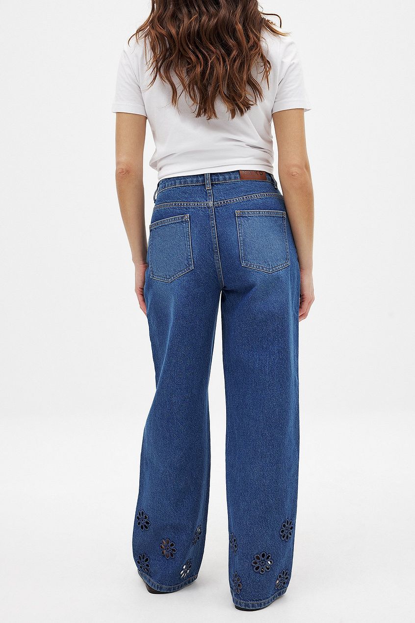 Women Flower Cut Out Mid Waist Jeans – Floral Cutout Denim, Mid-Rise Street Style | DOCACCA