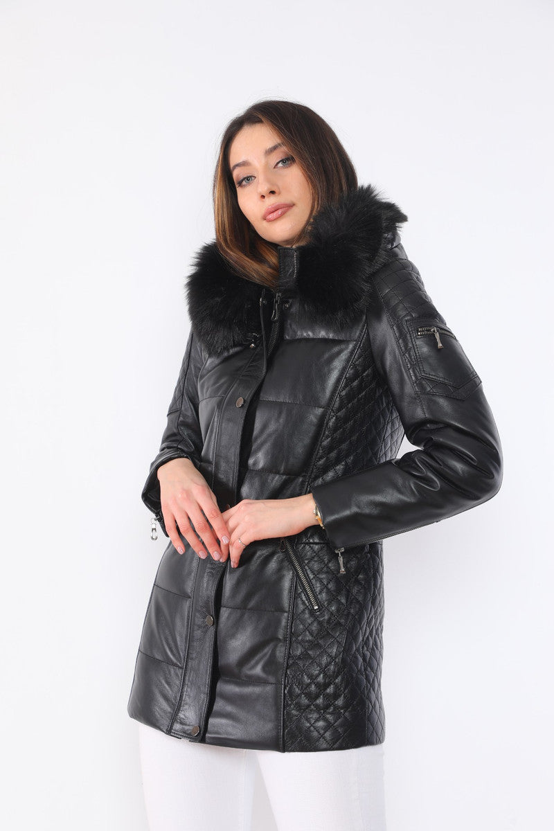 Chloe Black Fur Hood Leather Jacket For Women
