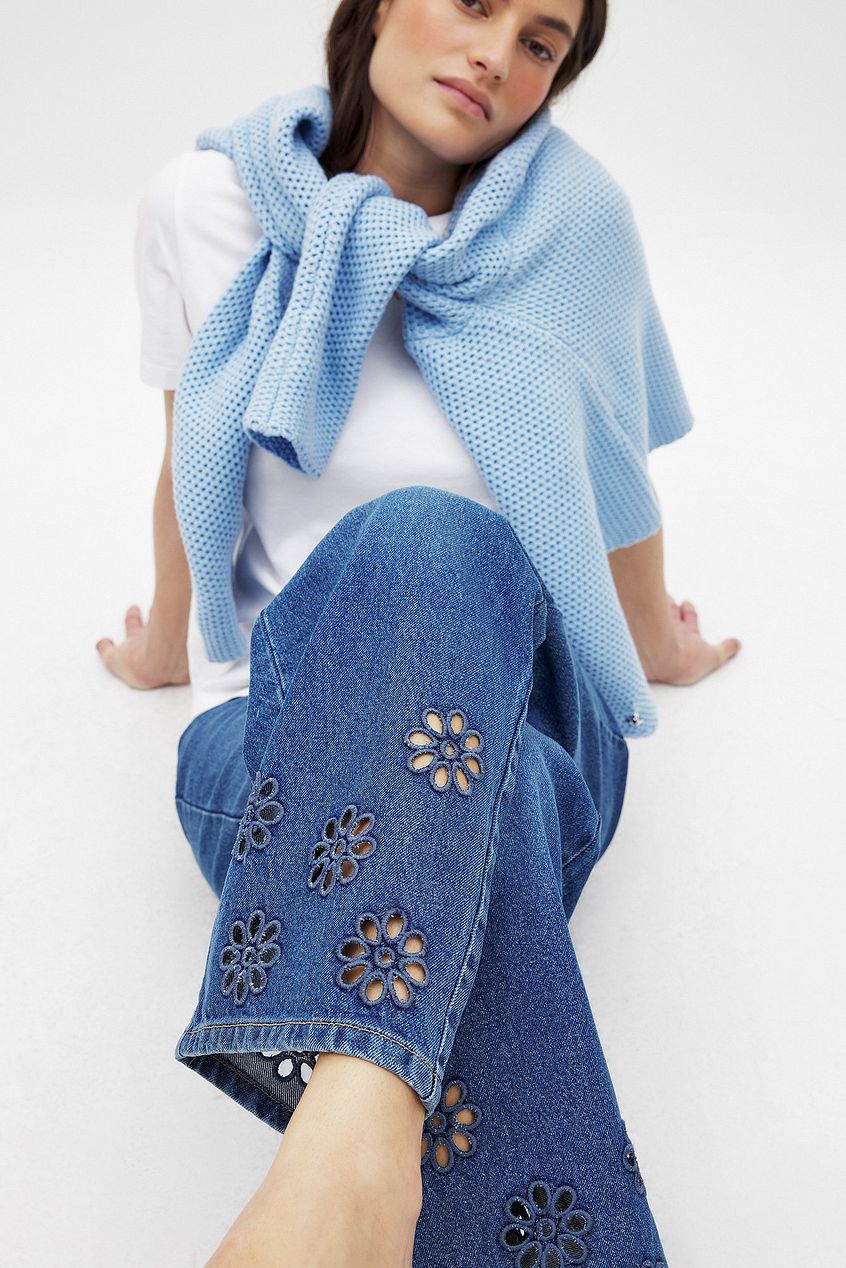 Women Flower Cut Out Mid Waist Jeans – Floral Cutout Denim, Mid-Rise Street Style | DOCACCA