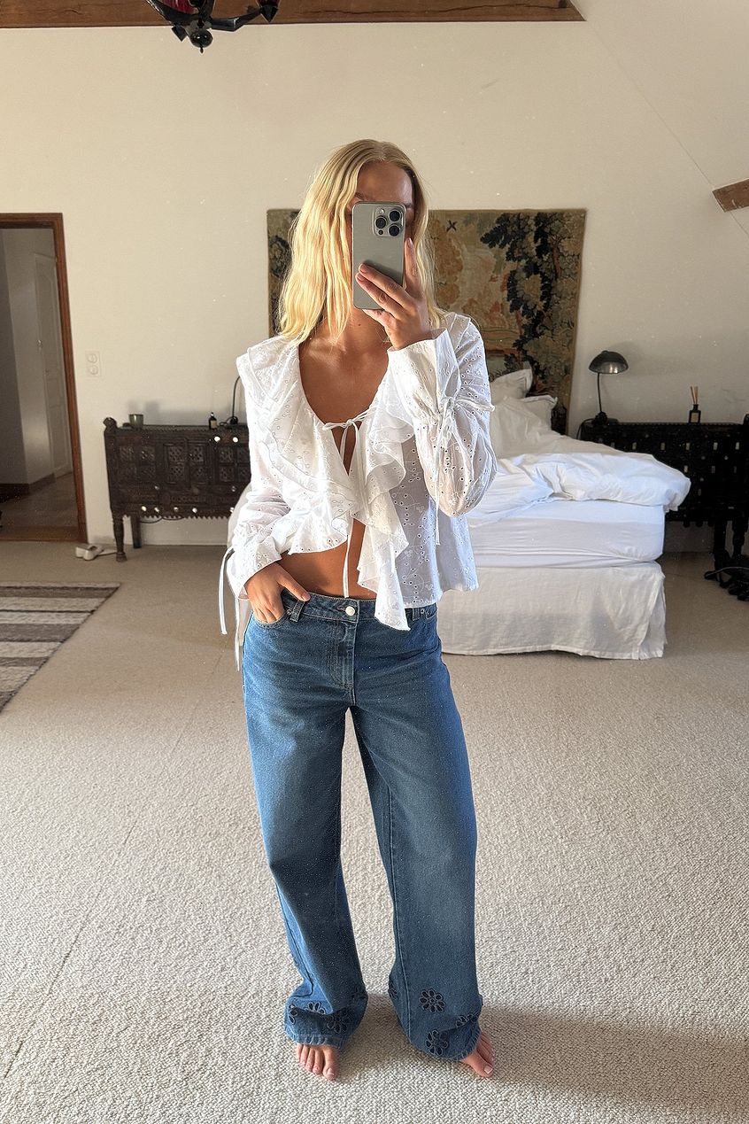 Women Flower Cut Out Mid Waist Jeans – Floral Cutout Denim, Mid-Rise Street Style | DOCACCA